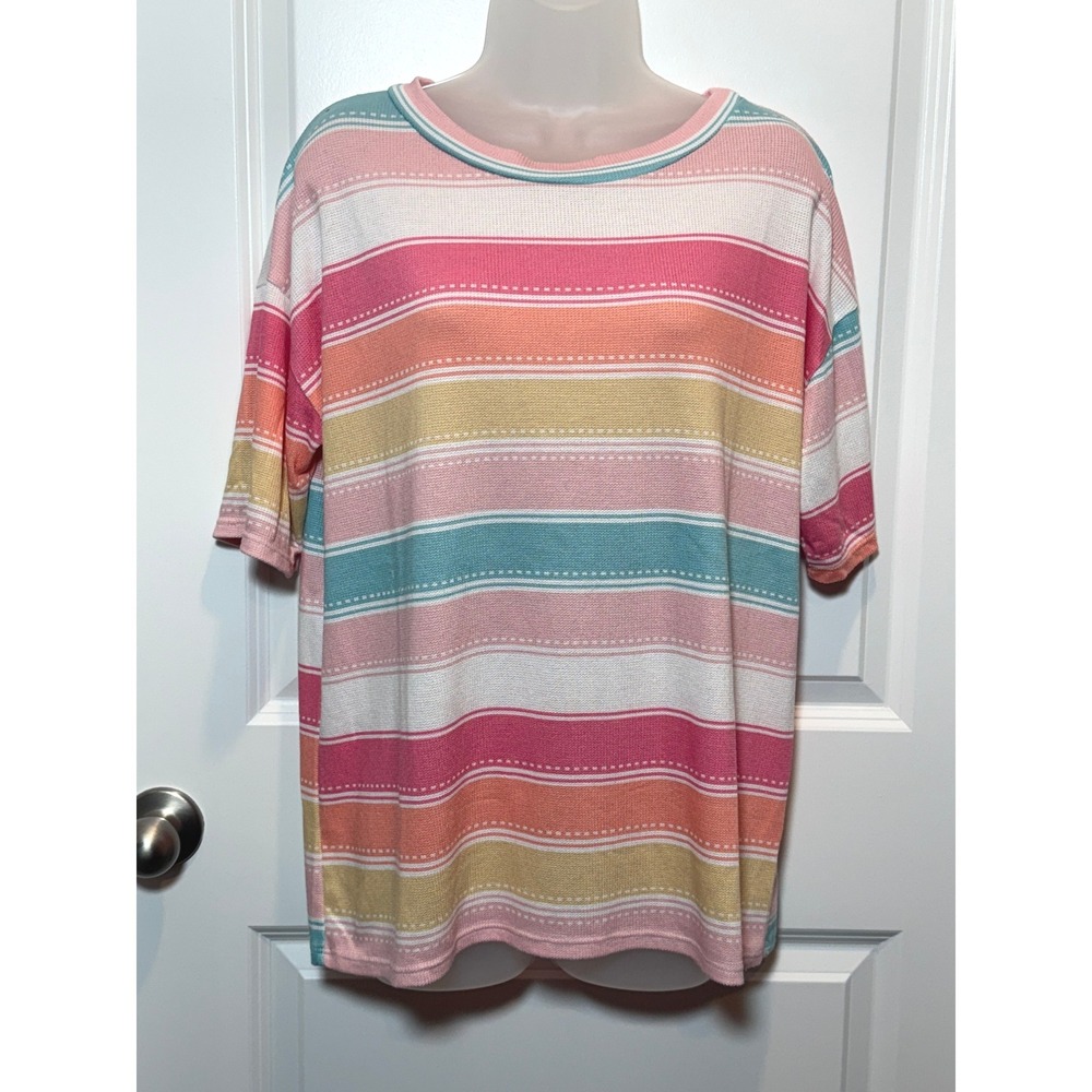Haptics by Holly Harper Womens Striped Knit Top Short Sleeve Crew Neck Casual M